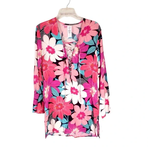 La Blanca Floral Lace Up Front In Full Bloom V-Neck Tunic Swim Cover Up XS - Picture 2 of 7